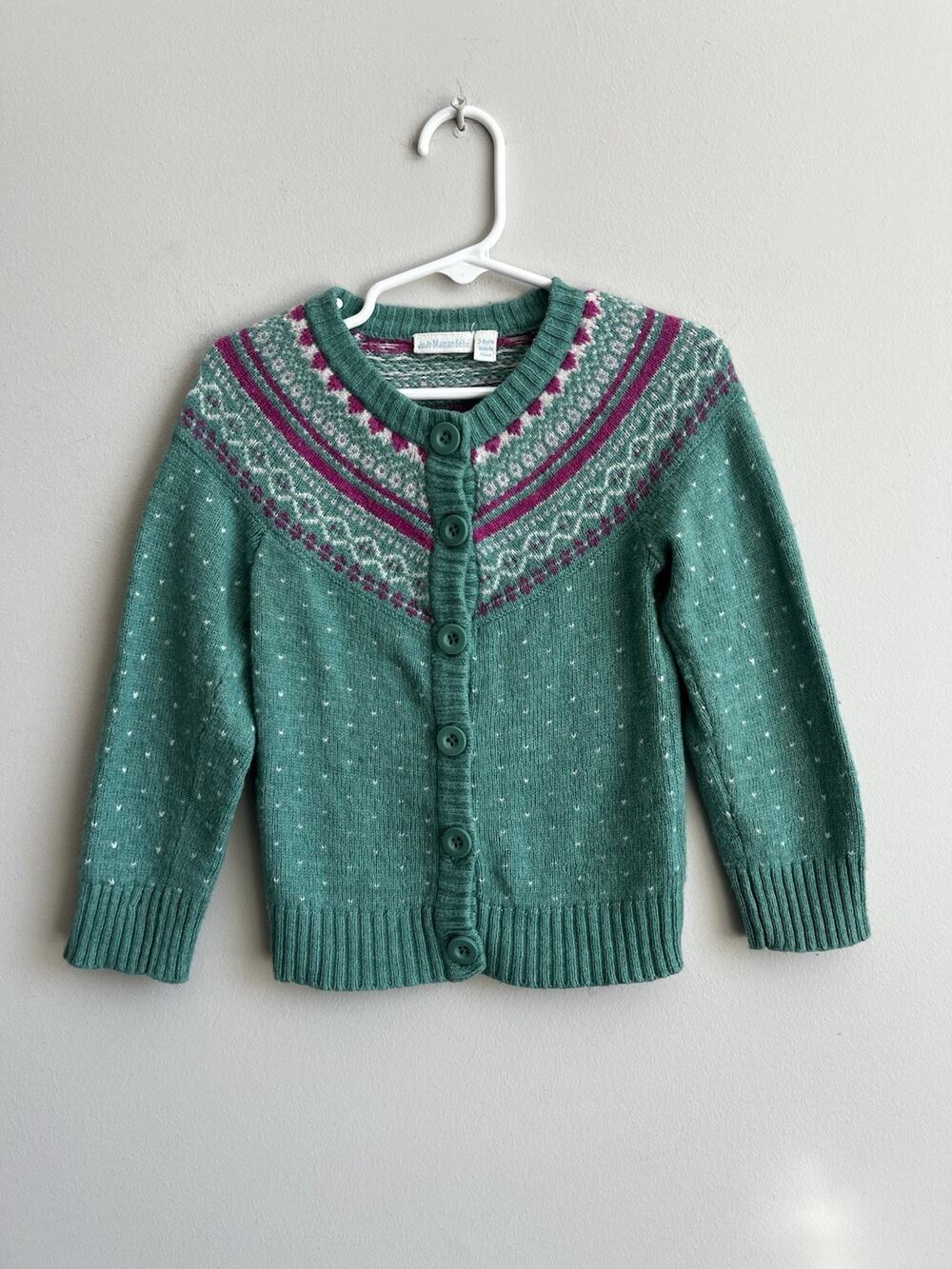 Jojo Maman Bebe Sweater Girls Cardigan Fair Isle Wool Cashmere Blend 3T